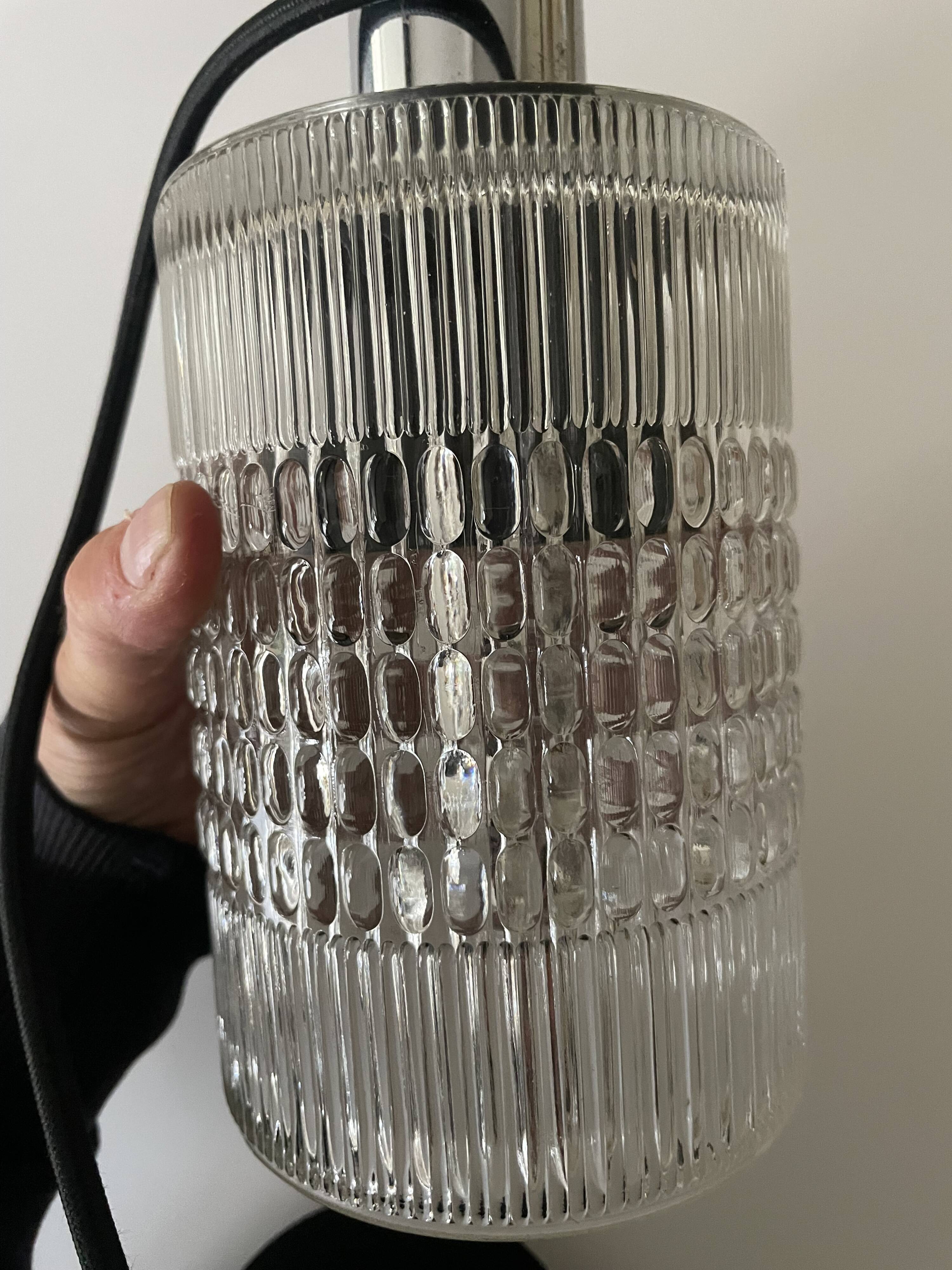 70s chrome pendant light with molded glass globe