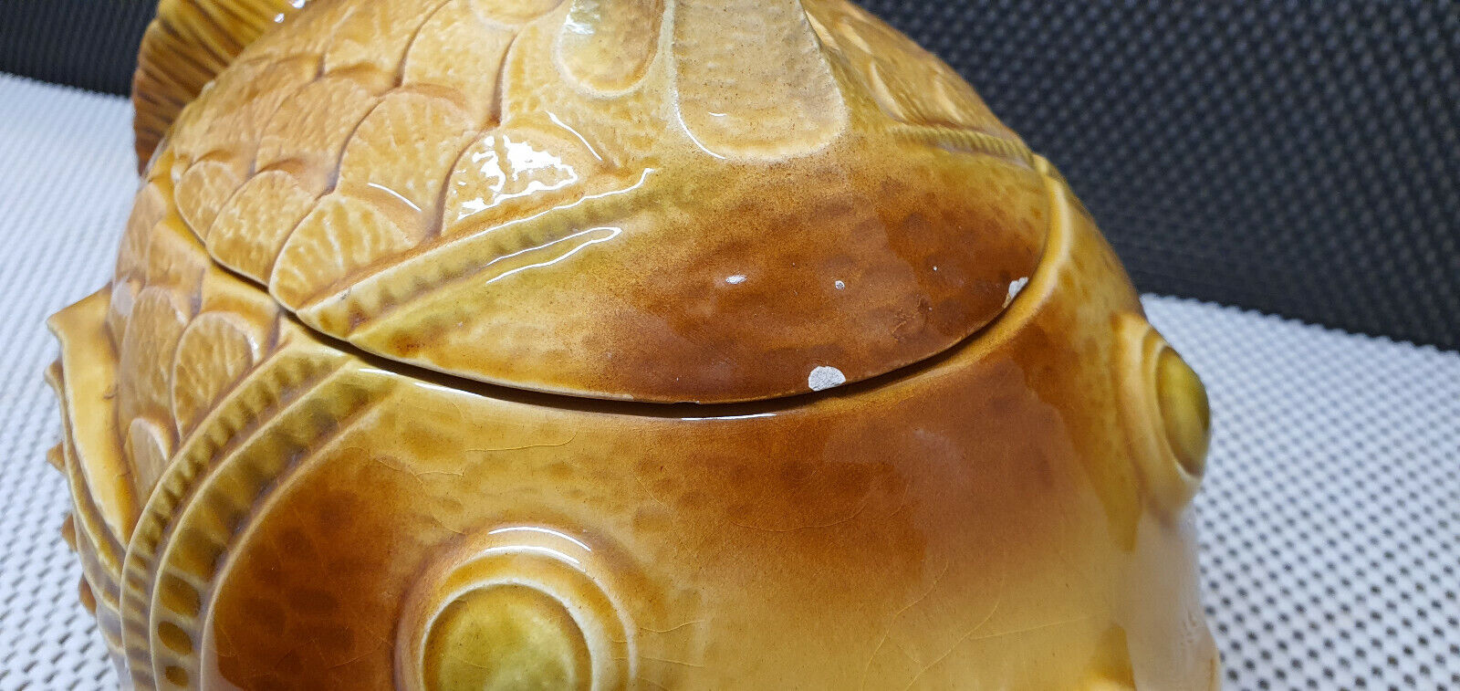 Old tureen yellow fish earthenware Sarreguemines France Slip