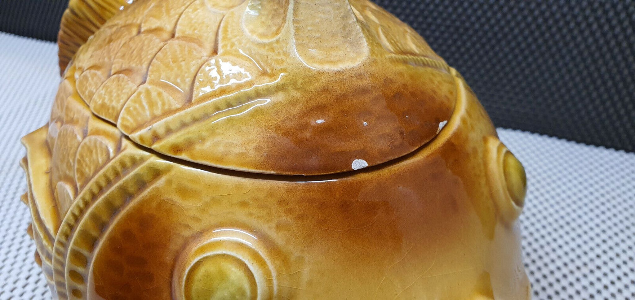 Old tureen yellow fish earthenware Sarreguemines France Slip