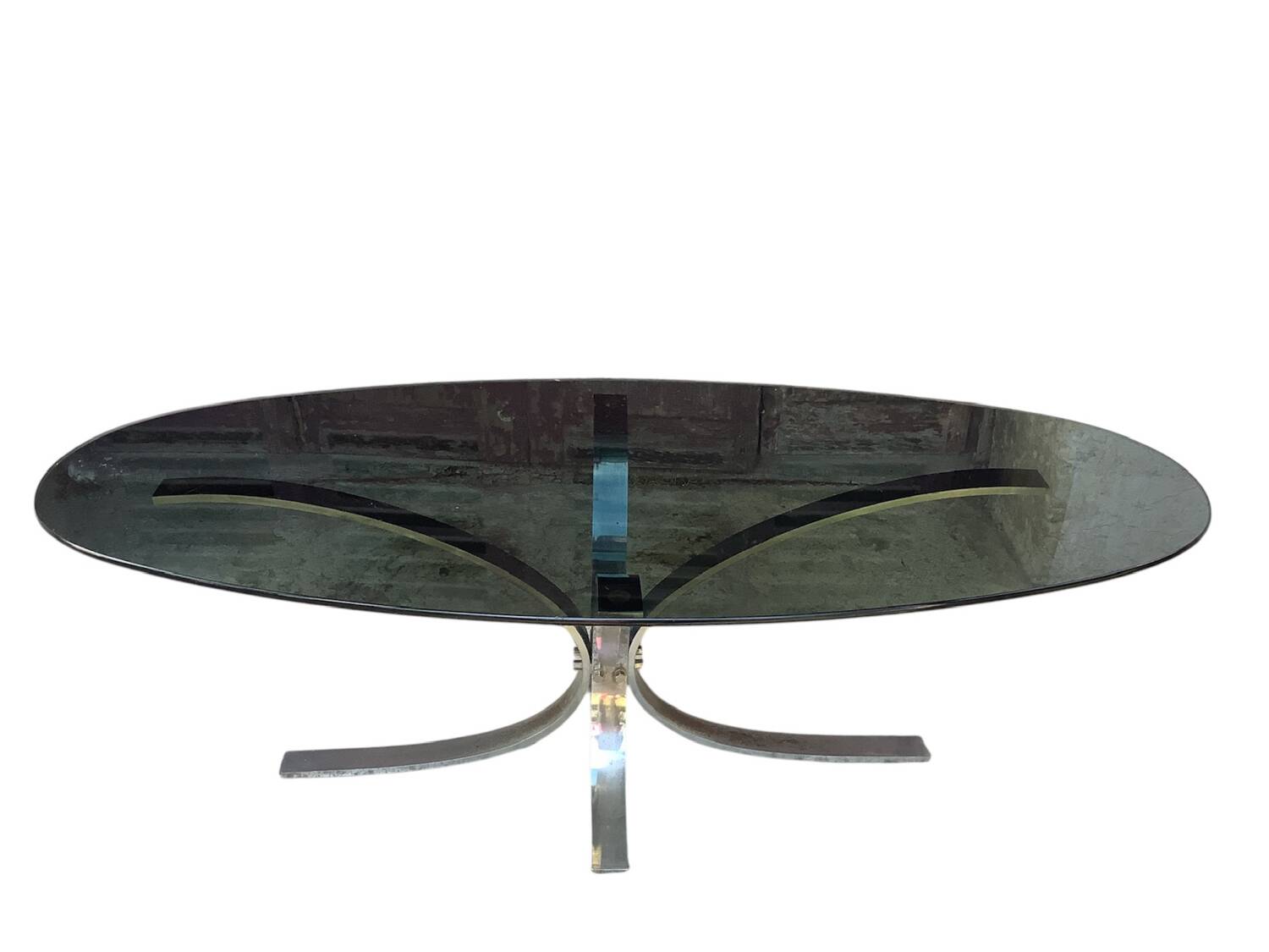 Oval smoked glass coffee table from the 70s