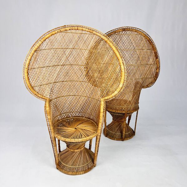 Ensemble de 2 chaises paon vintage en rotin et osier, 1970