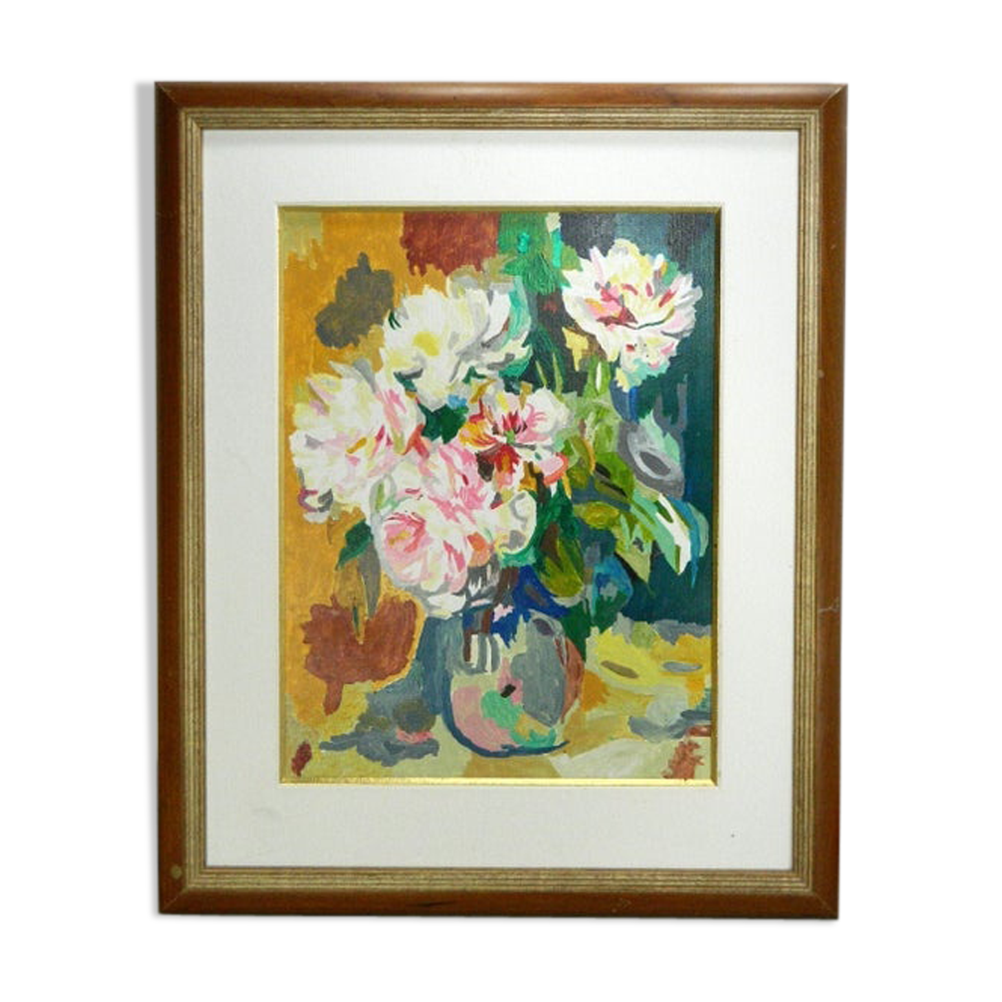 Framed floral oil painting, peony vase
