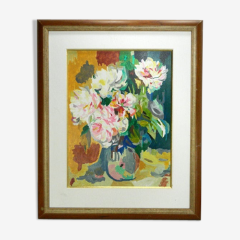 Framed floral oil painting, peony vase