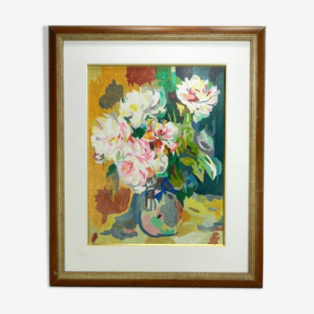 Peinture à l'huile florale encadrée, vase de pivoines