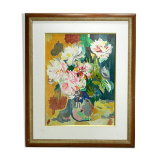Framed floral oil painting, peony vase