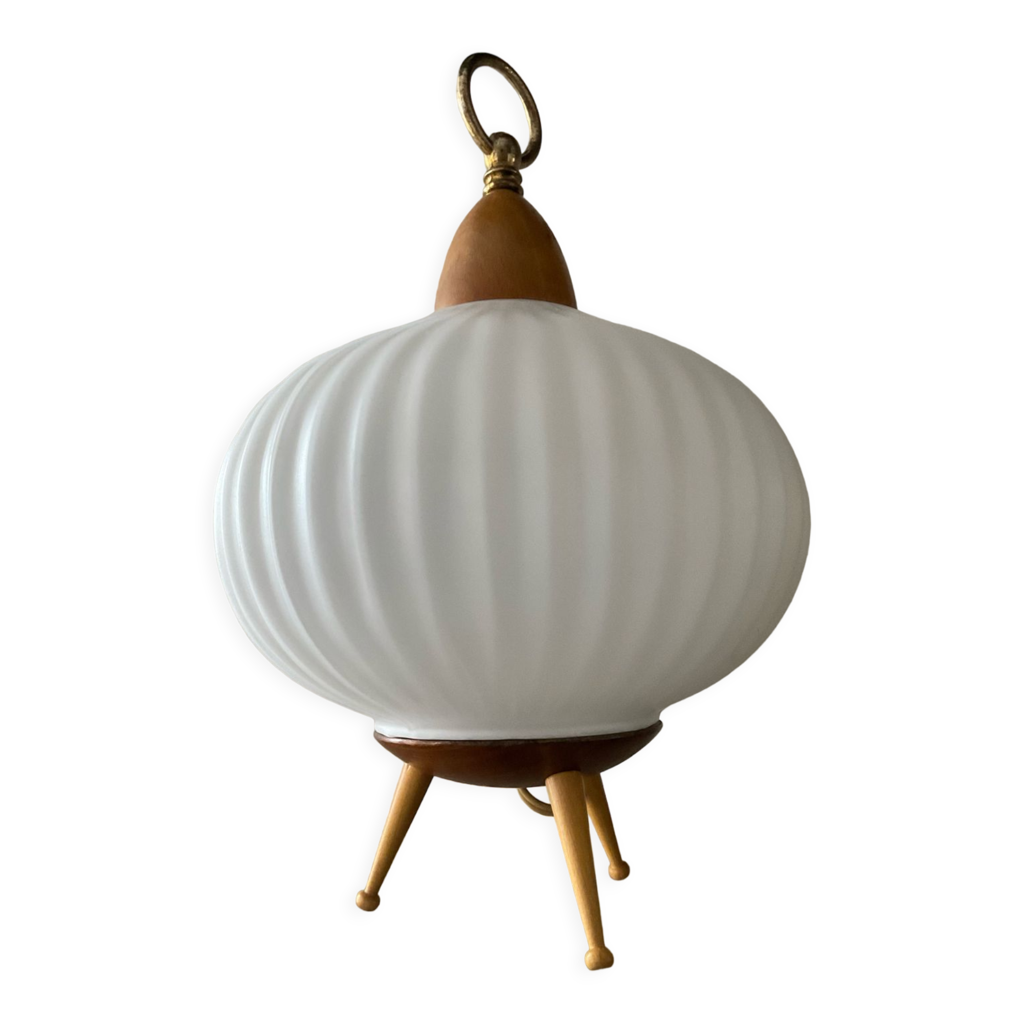 Tripod lamp in opaline and teak from the 60s