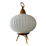 Tripod lamp in opaline and teak from the 60s