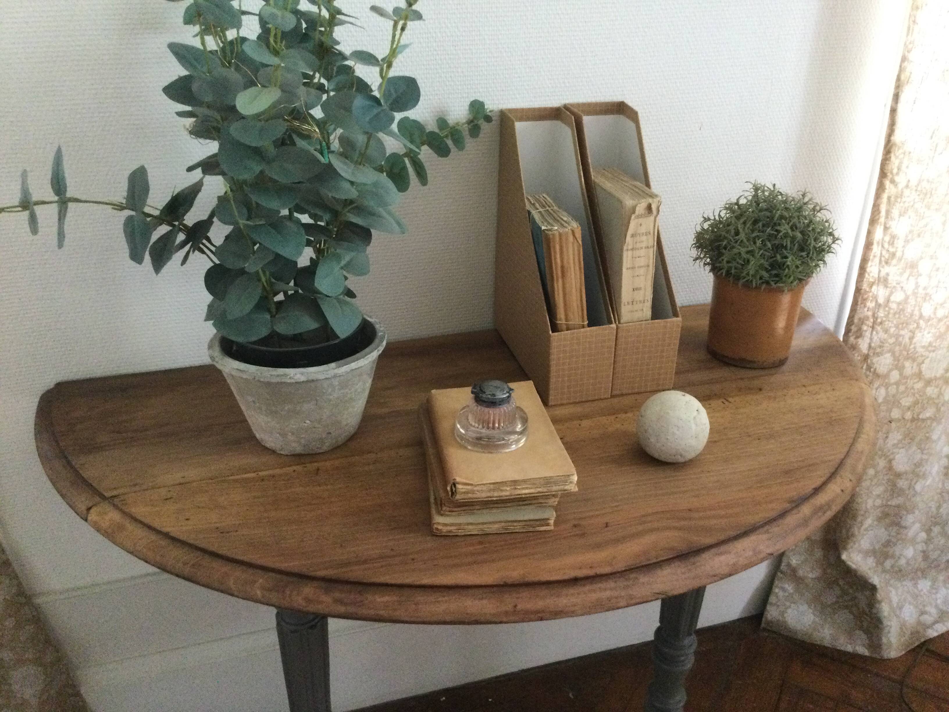 Antique painted wooden half-moon console table