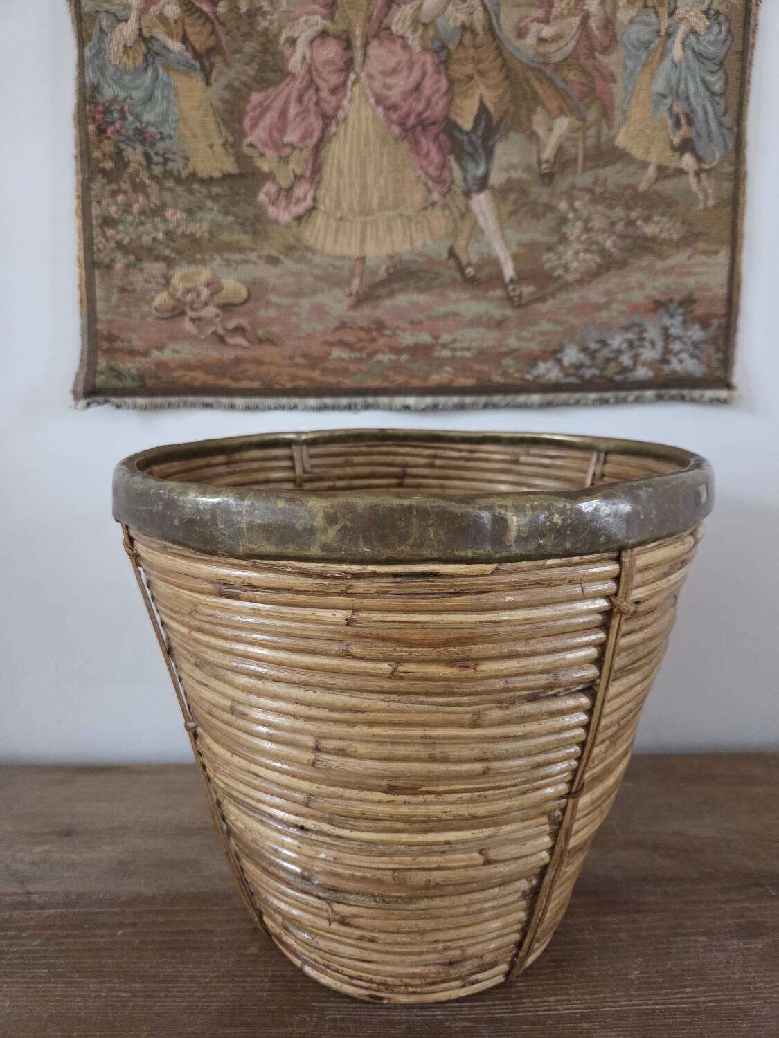 Rattan and brass cache pot, Italy.