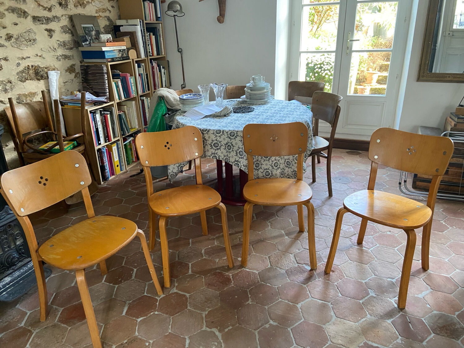 Set of 4 light wood chairs from the 1960s.