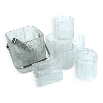 Molded glass whiskey set - ice bark decor - Frostfire Hoya Mikasa - vintage 80s