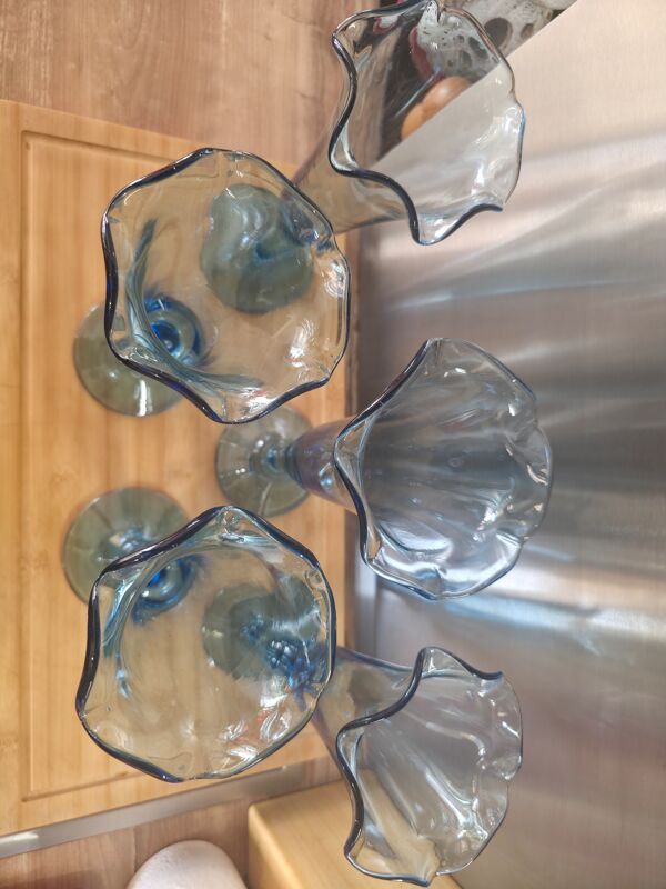Lot de 5 Grandes Coupes à Glace / Fruits en Verre Soufflé de Biot – Bl