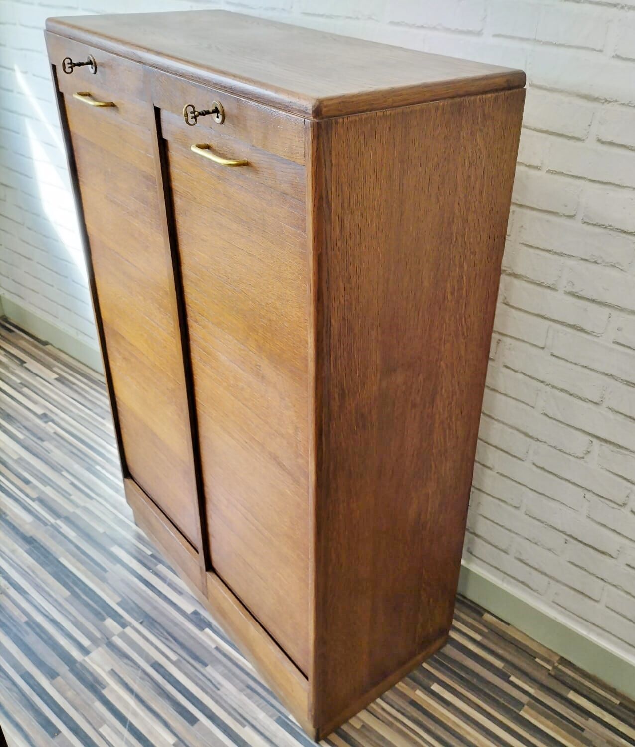 Renovated 1977 oak filing cabinet with double curtain