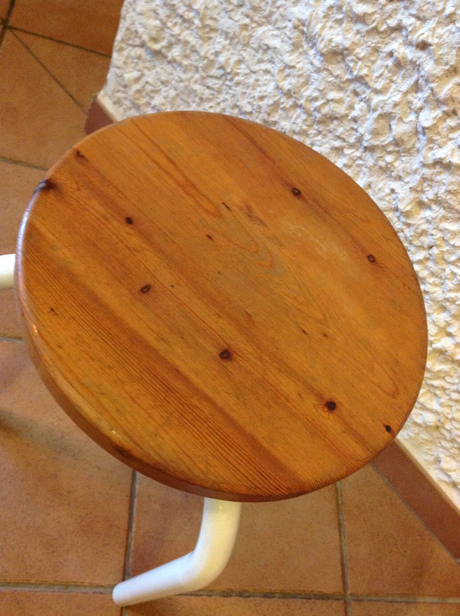 Old wooden stool and white lacquered feet industrial style, 60-70