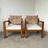 Pair of oak and straw armchairs, reconstruction style