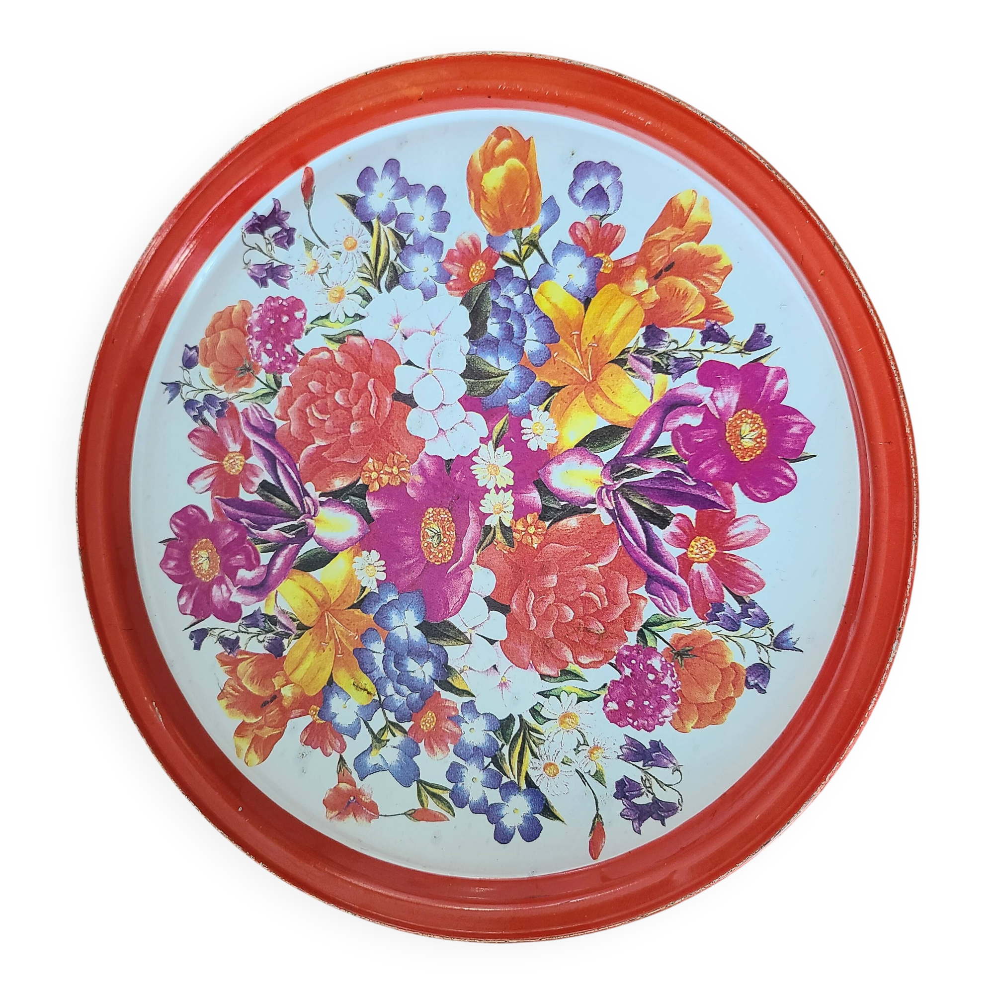 Vintage Metal Tray with Vibrant Floral Pattern