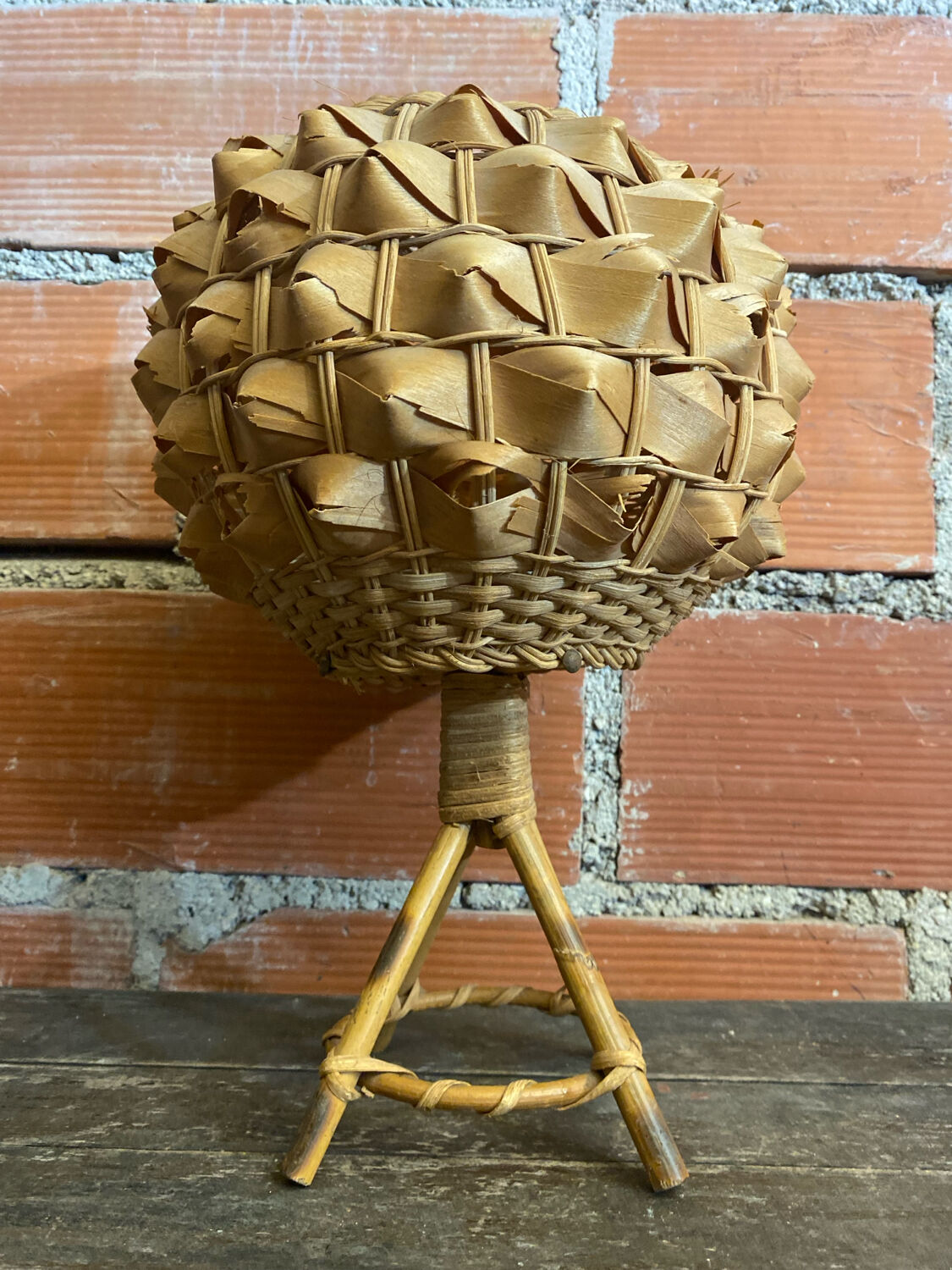 Vintage 50s Tiki Rattan Lamp + Woven Natural Fibre Ball