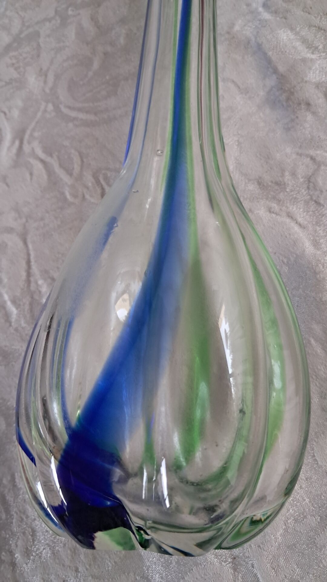 Vintage Murano glass filigree soliflore vase in blue and green.