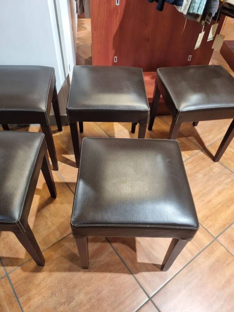 Brown leather square stool with wooden legs – padded seat