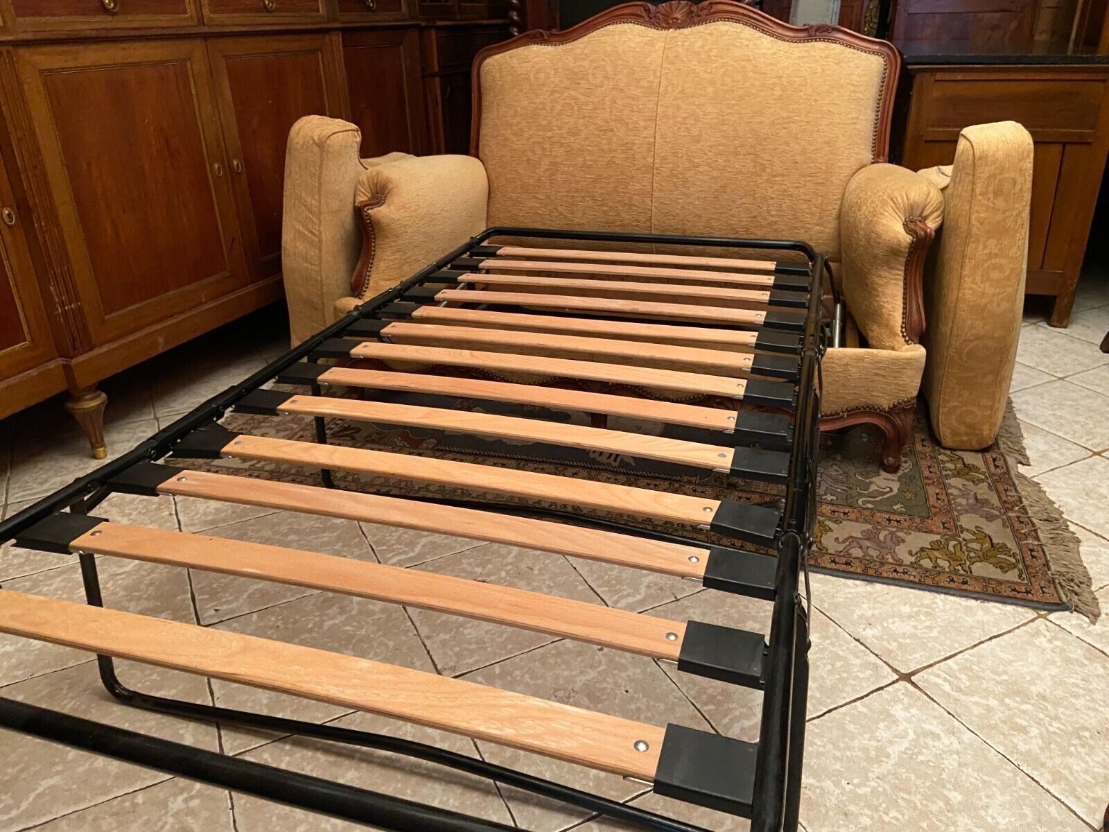 Sofa 2 places convertible sleeping 90x190 cherry Louis XV yellow velvet