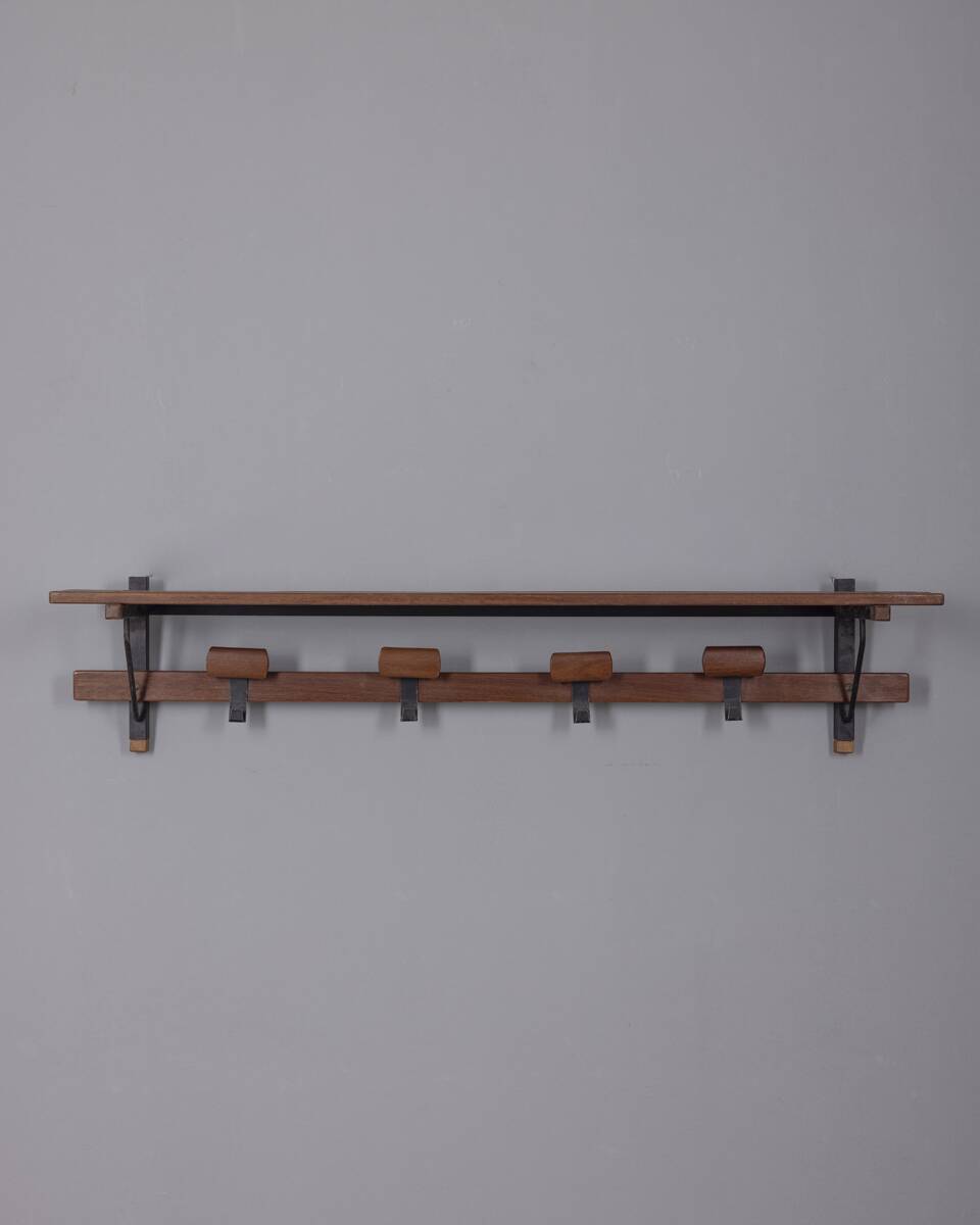 Vintage 1960s wall coat rack in metal and wood, italian design
