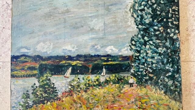 Oil on canvas landscape with 2 boats