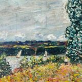 Oil on canvas landscape with 2 boats