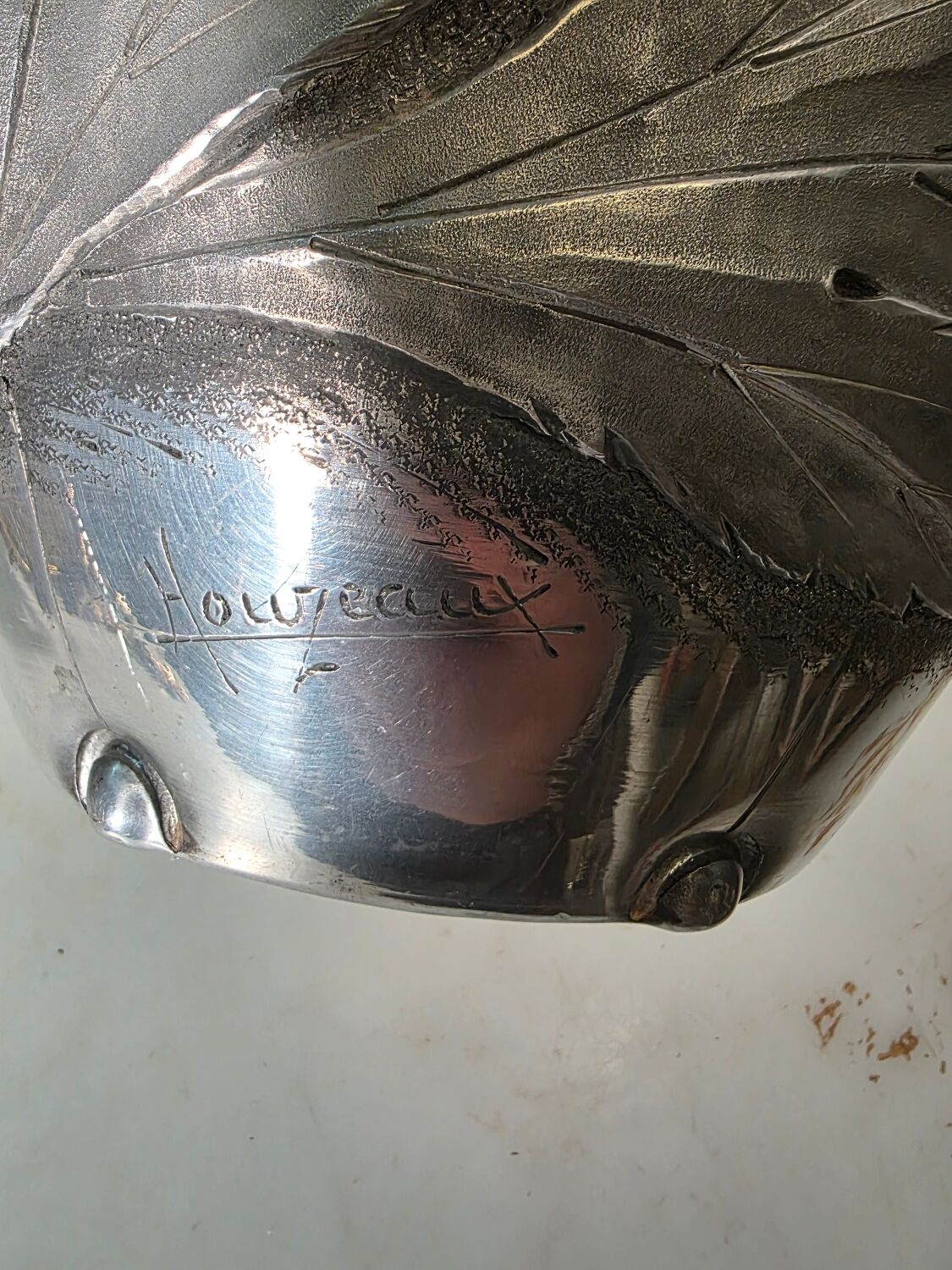 Art Deco vase in repoussé tin Signed Houzeaux Floral decoration 30 cm