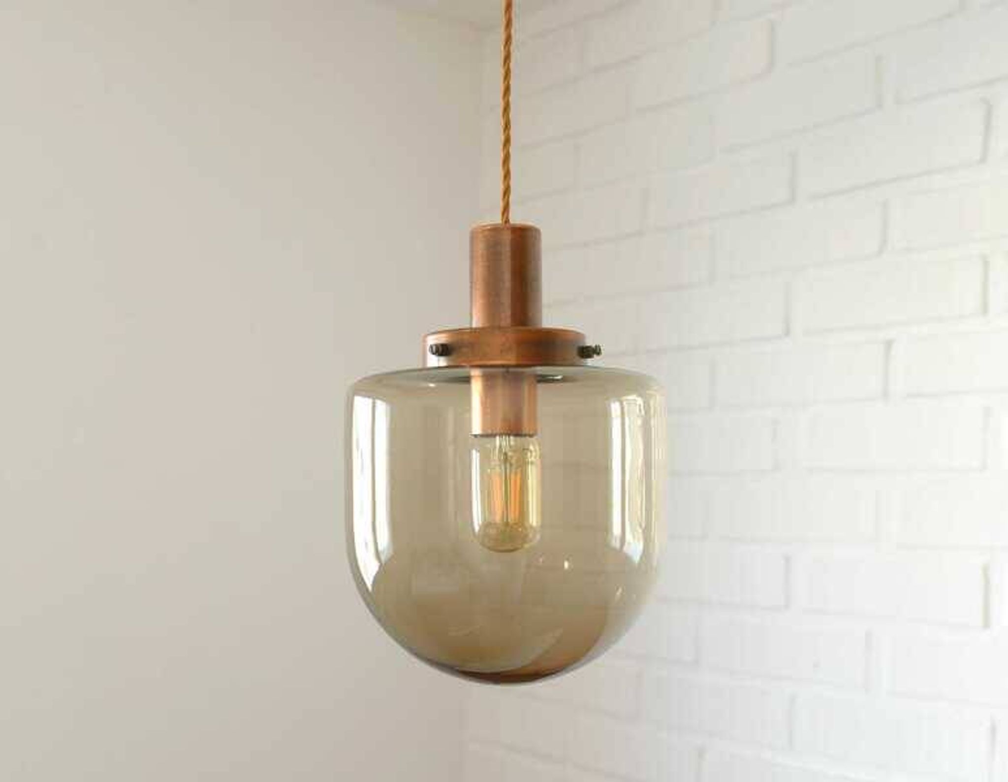 1 blown smoked glass pendant light / copper bar lamp / mid-century modern 1970s