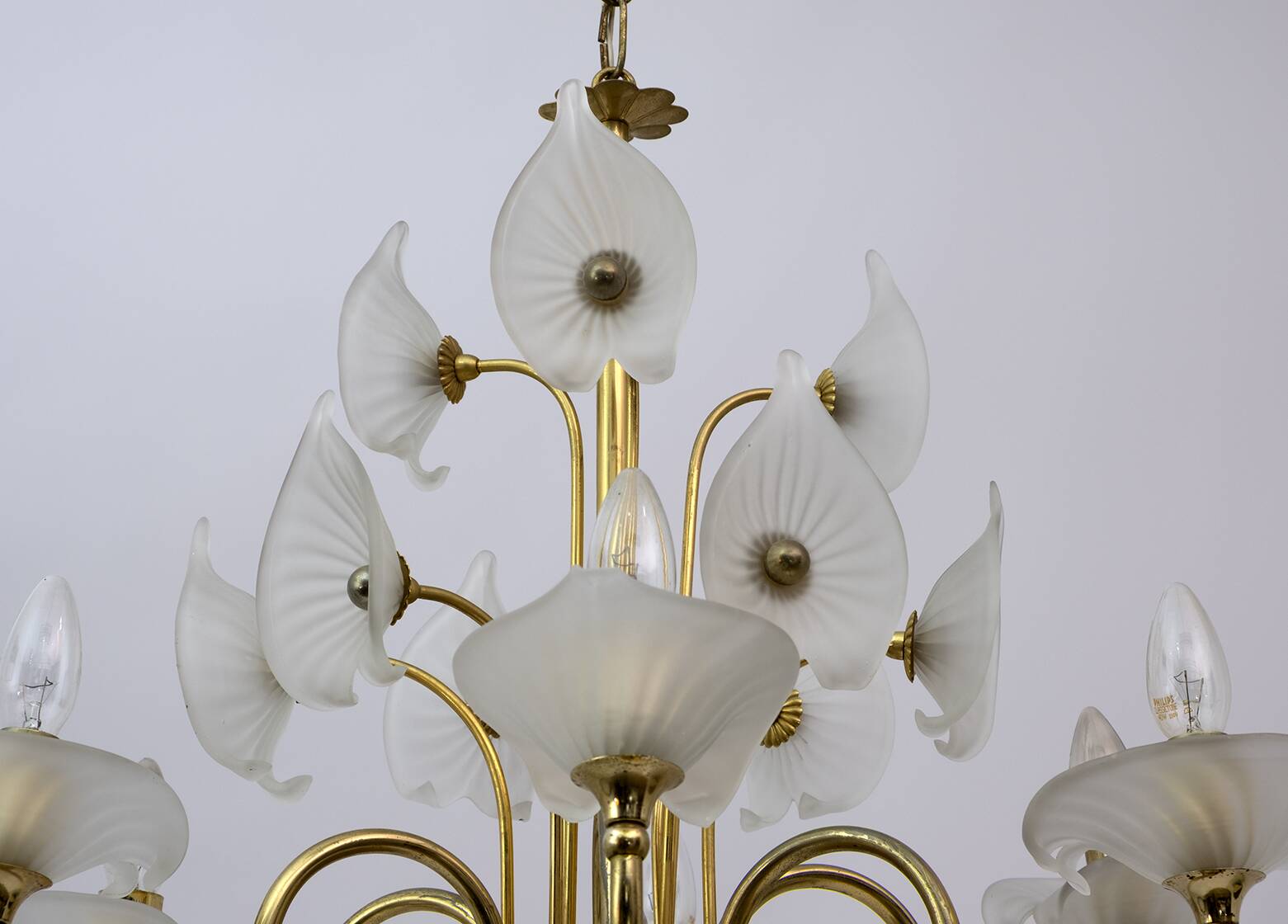 Mid-Century Modern Italian Murano Lattimo and Brass Chandelier, 1970s