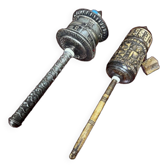 19th century Asia: 2 prayer wheels, one in silver and the other in bronze
