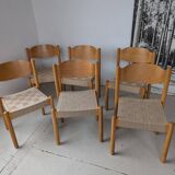 Set of 6 stackable chairs in beech and jute.