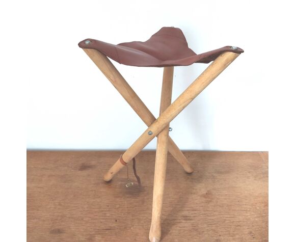 Folding Wooden And Leather Stool Selency, Folding Leather Stool