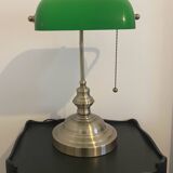 Lampe de banquier ancienne en bronze et opaline verte, Art Déco