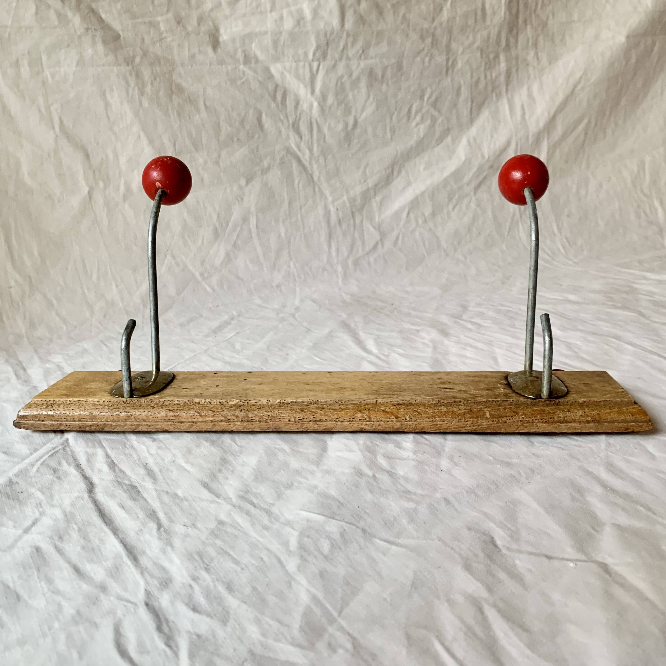 Vintage coat rack - double coat hook - red wooden balls