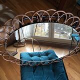 Vintage sun mirror in 60s rattan with rattan fastener 57x40cm