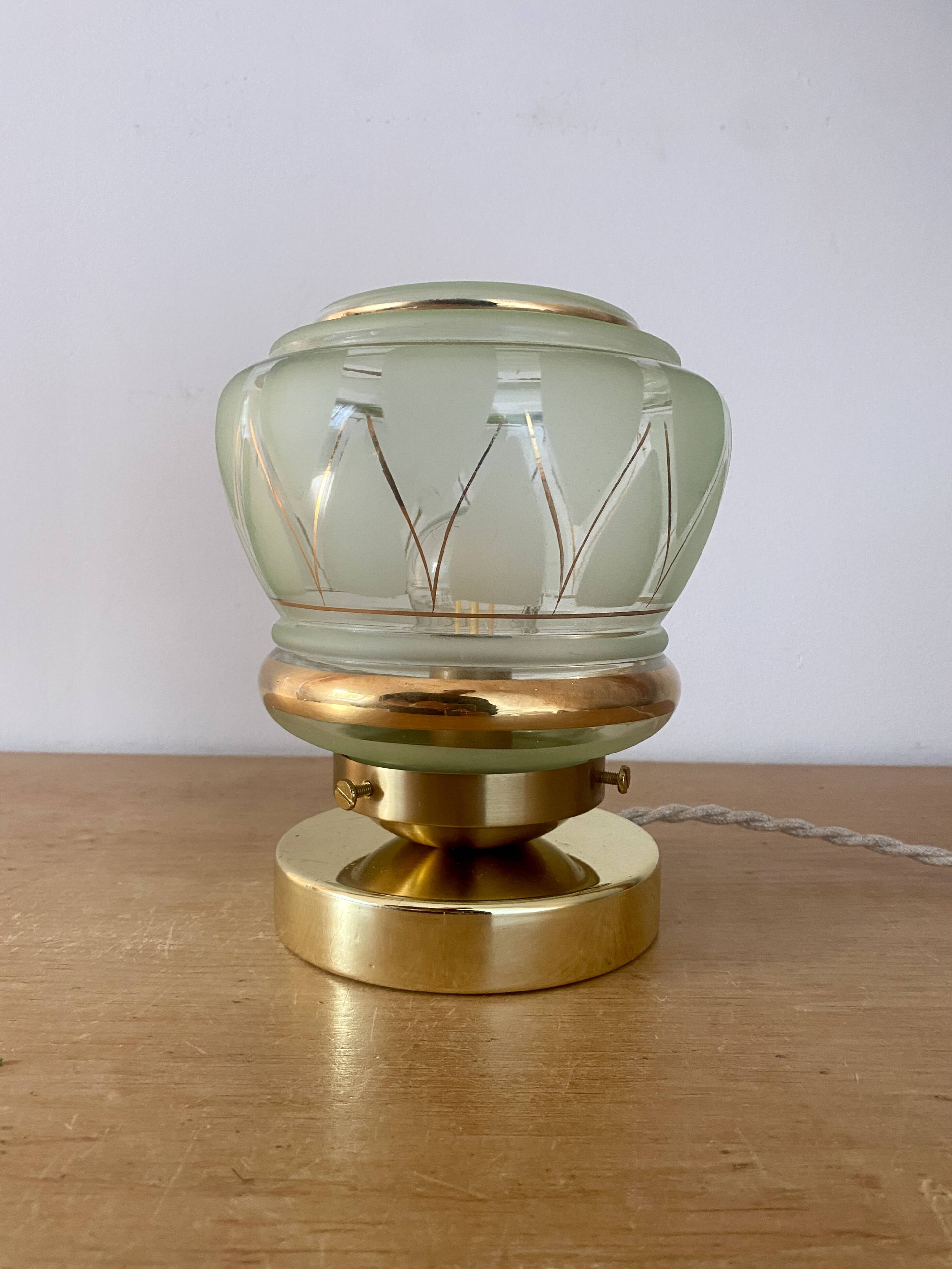 Vintage art deco globe table lamp in mint and gold glass