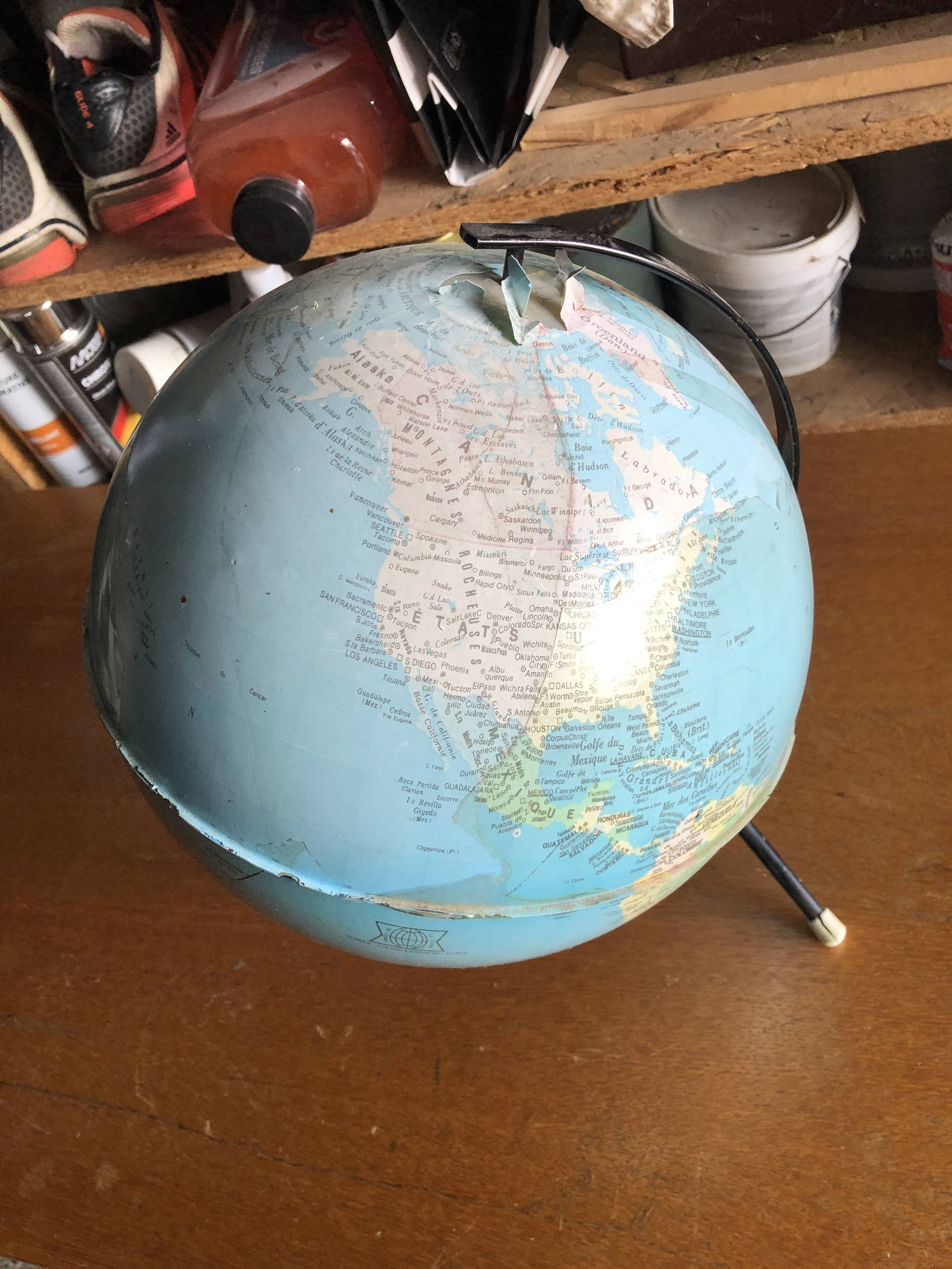Girard and Barrère terrestrial globe on tripod base / vintage 50s-60s