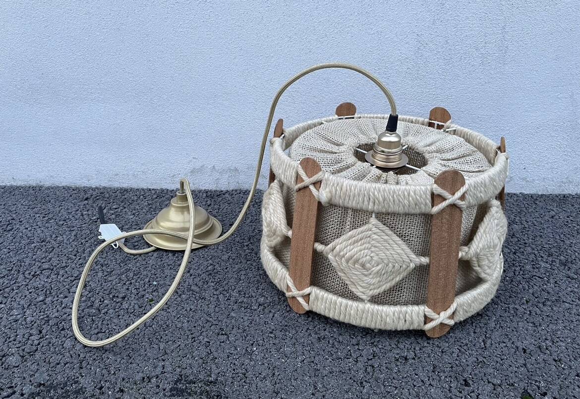 Scandinavian style jute and wood pendant light