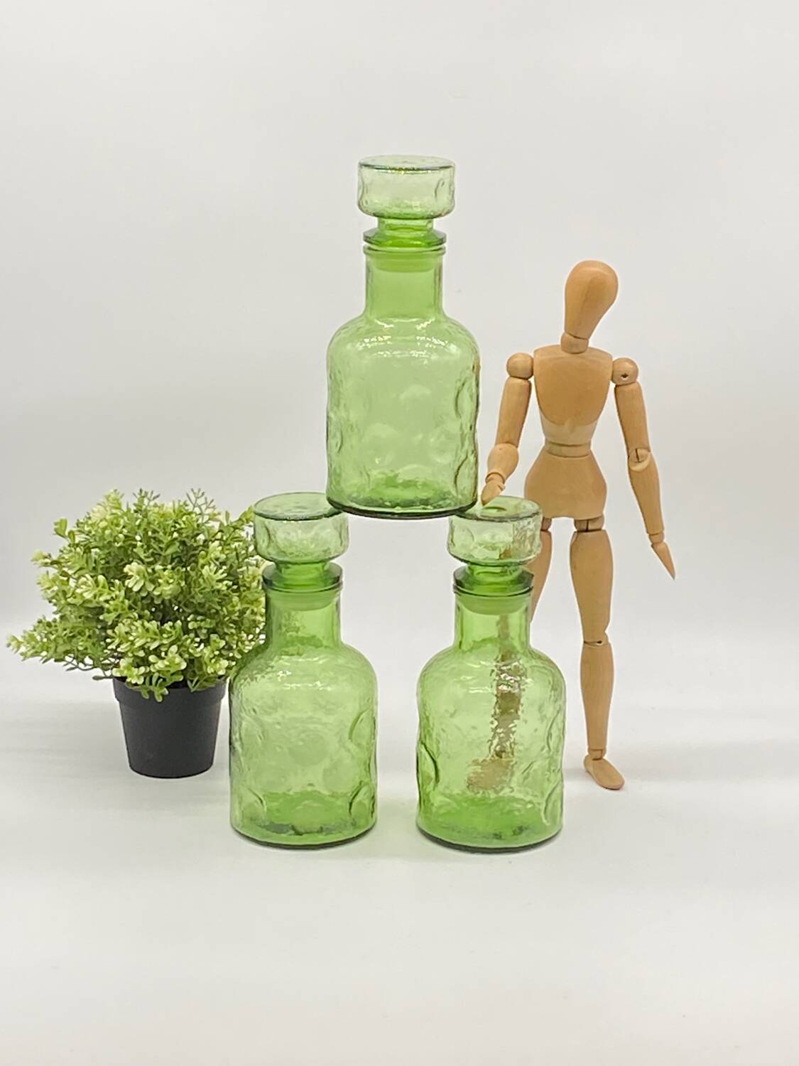 Trio of vintage bottles / carafe / jars, green glass, Nescafé