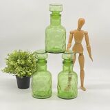 Trio of vintage bottles / carafe / jars, green glass, Nescafé