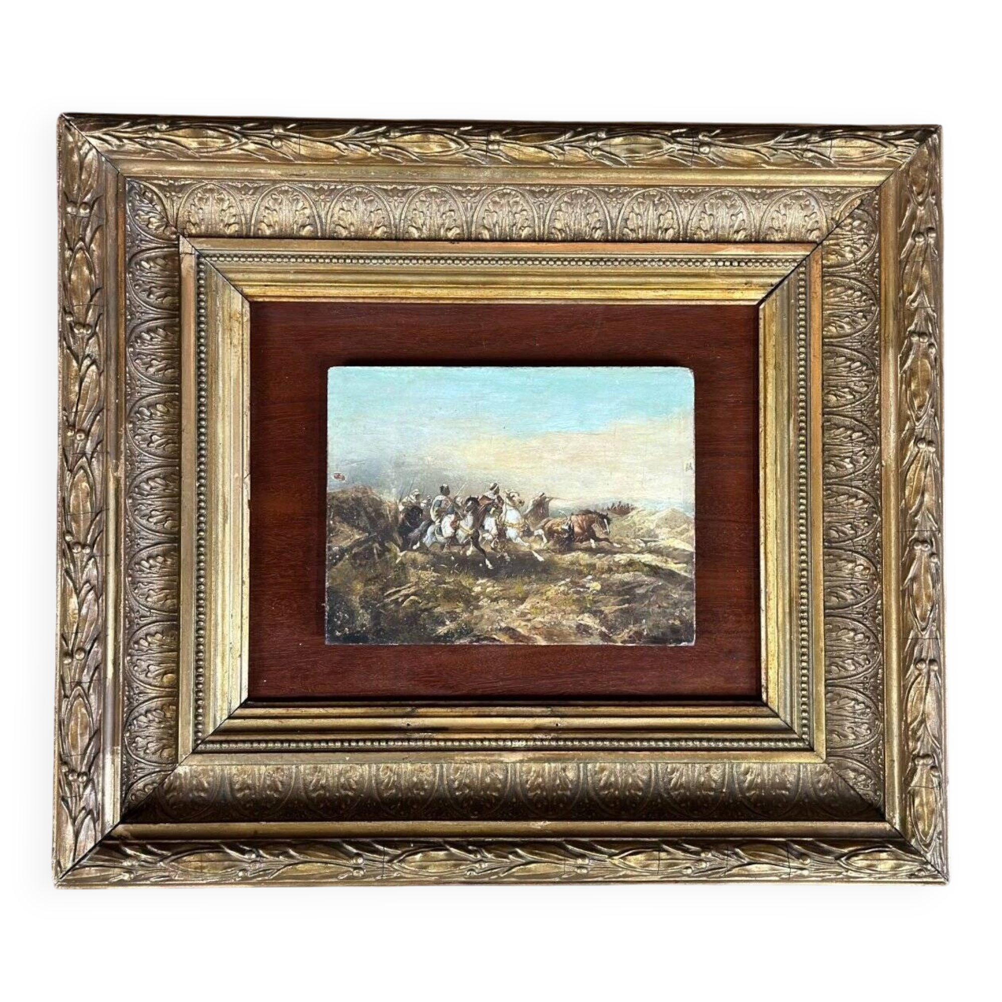 Orientalist battle scene, oil on panel in the style of George Washington