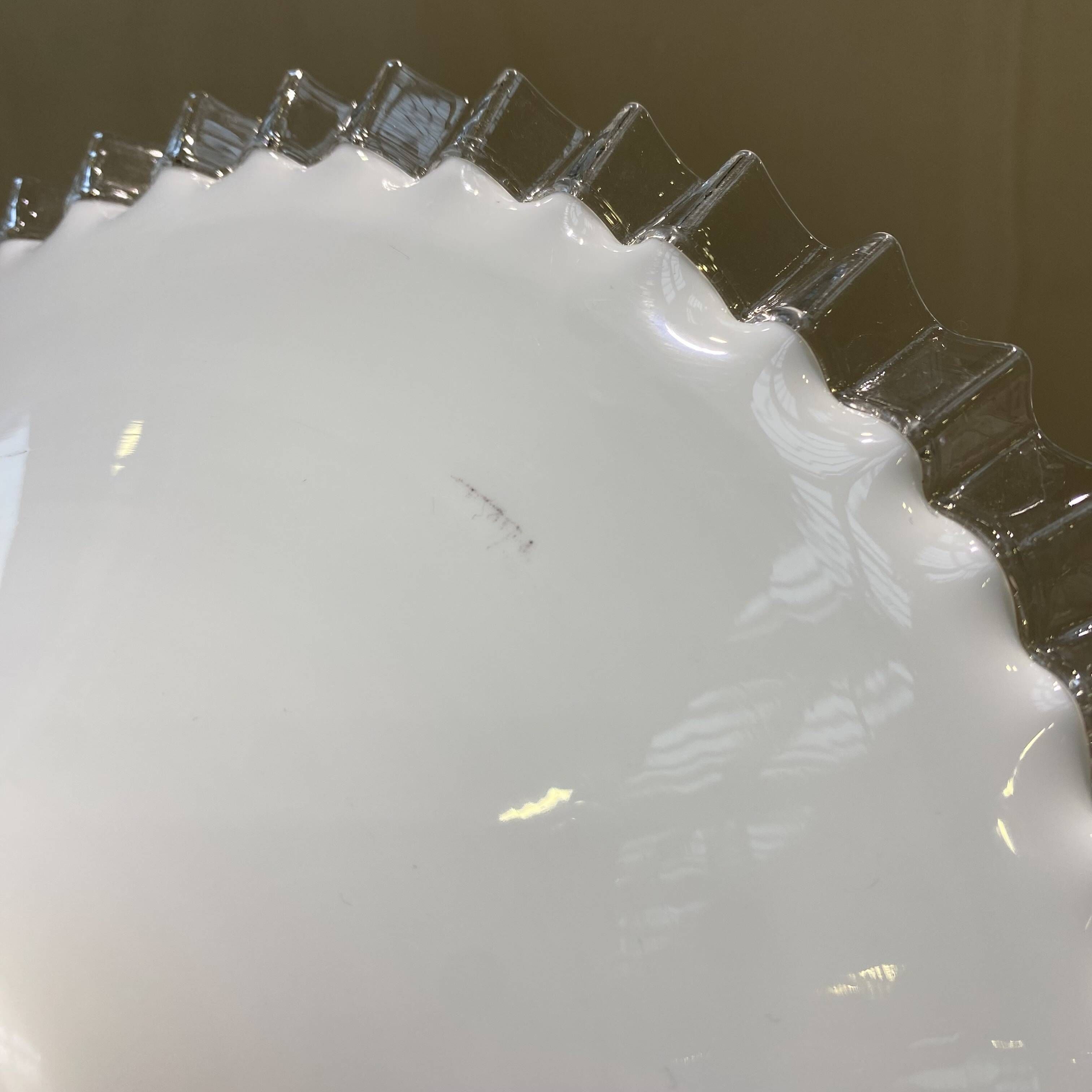 Pair of vintage pendant lights in opaline and transparent serrated edges