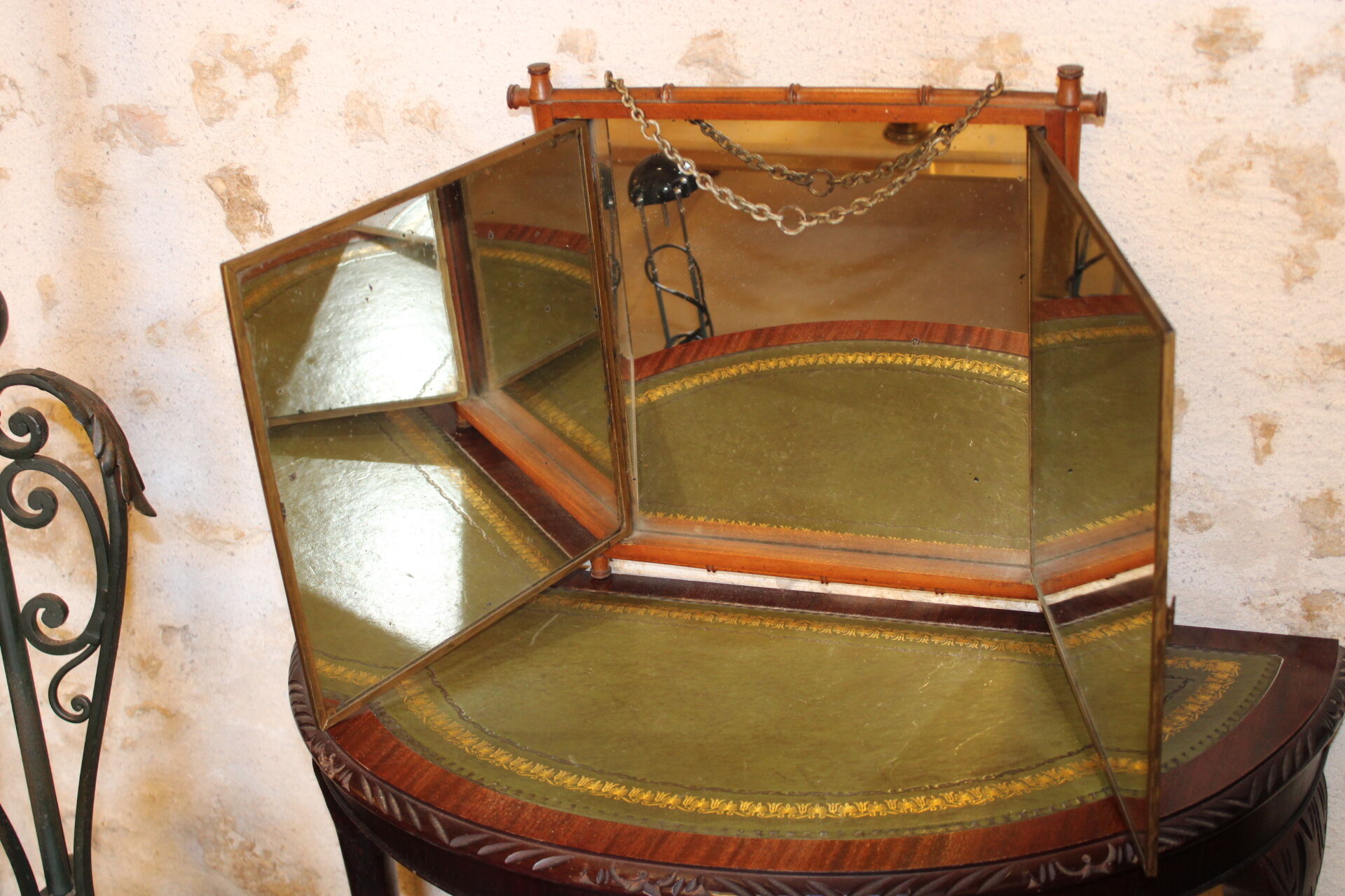 Bamboo triptych mirror, barber circa 1900