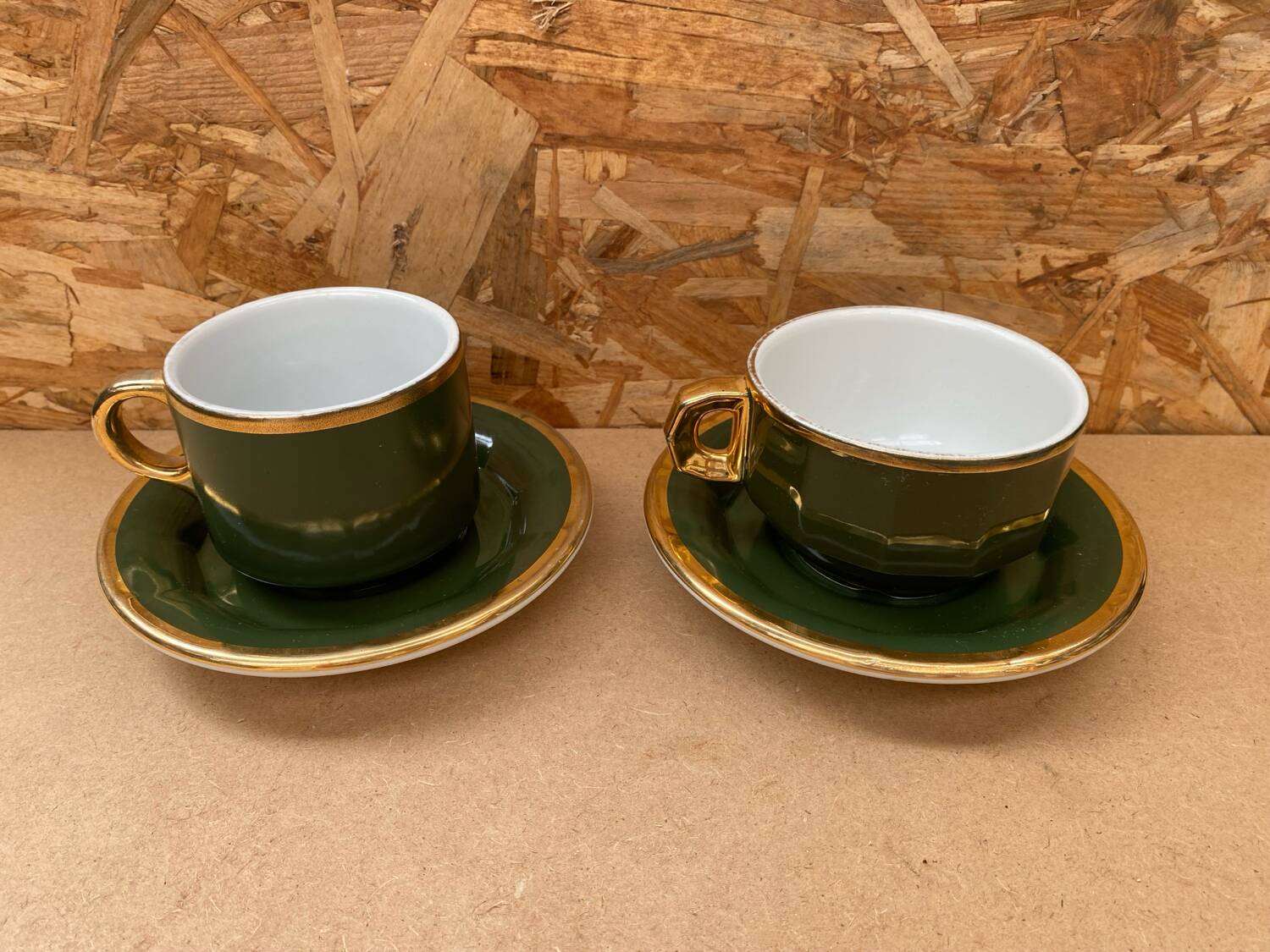 Pair of antique pillivuyt green & gold porcelain vintage cups