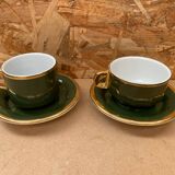 Pair of antique pillivuyt green & gold porcelain vintage cups
