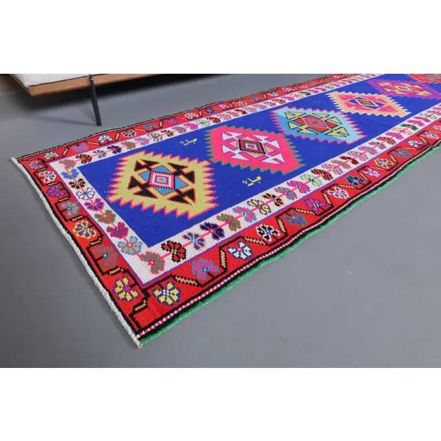 1970s Vintage Turkish Hand-Knotted Wool Cotton Blue Runner Rug 83x364