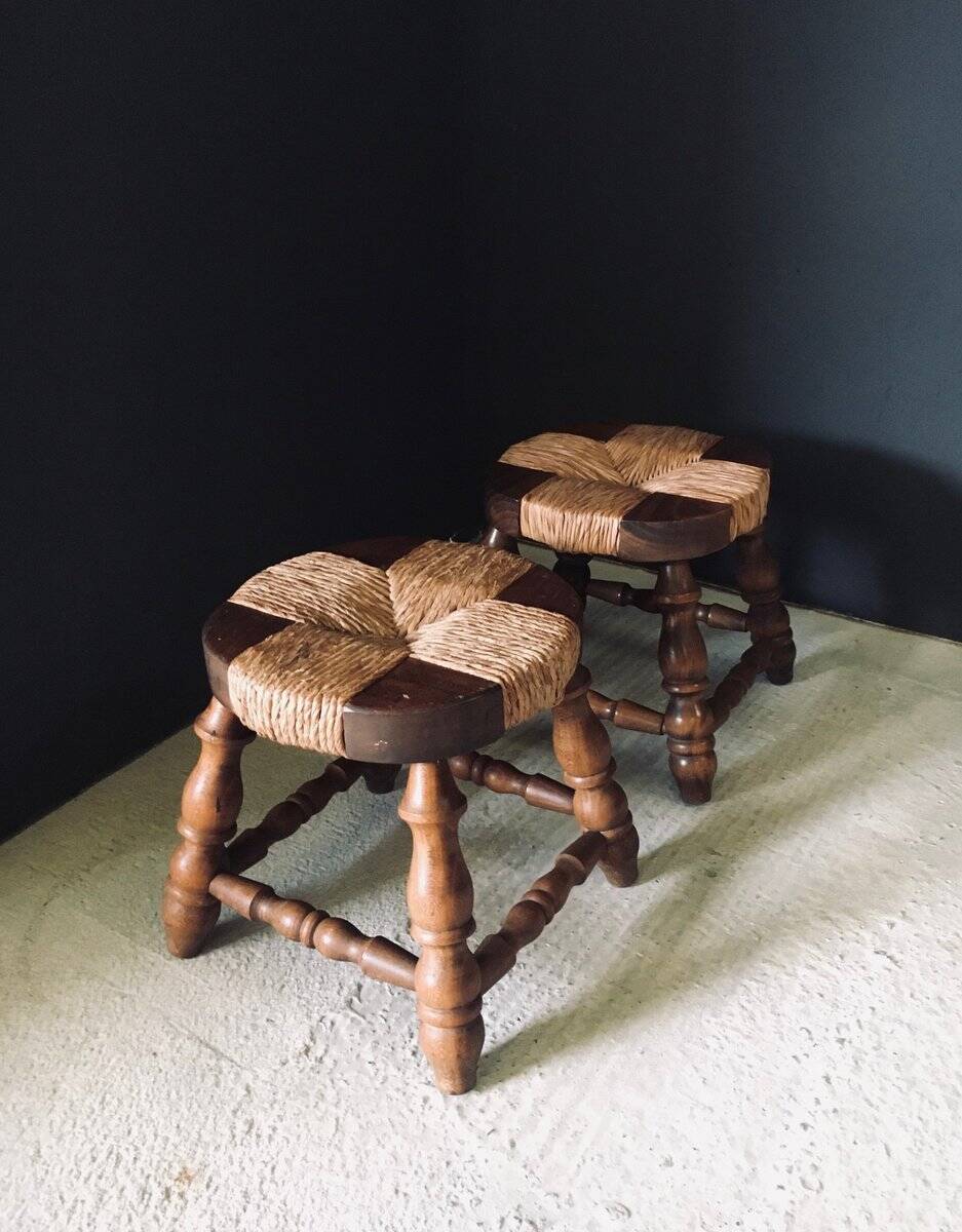 Rustic Low Oak and Rush Stools in the style of Charles Dudouyt, France, 1940s, Set of 2