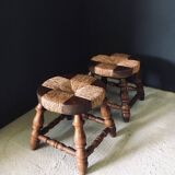 Rustic Low Oak and Rush Stools in the style of Charles Dudouyt, France, 1940s, Set of 2