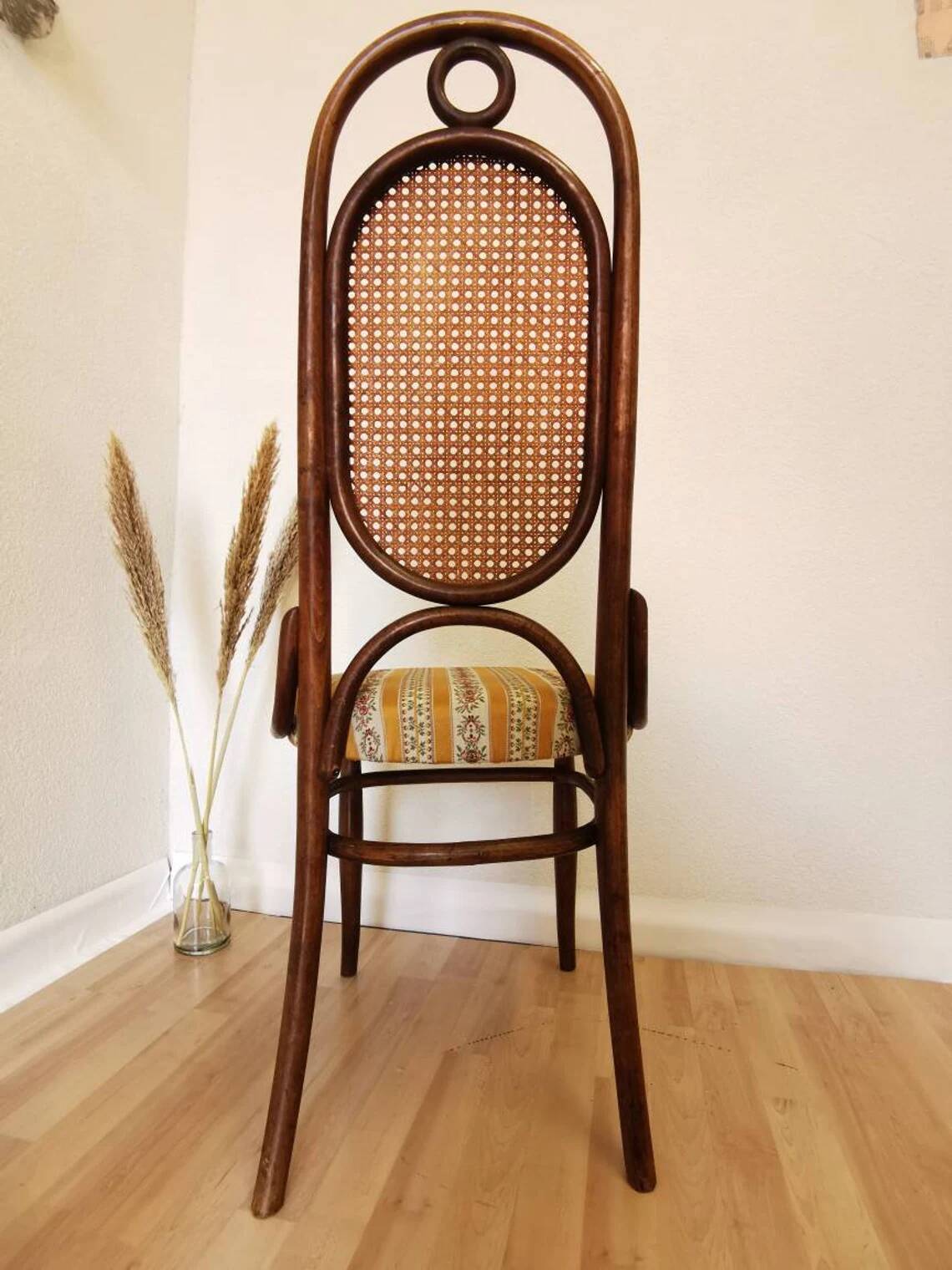 Vintage Thonet Bentwood Chair: Retro Fabric, Cane Backrest, 1970s Yugoslavi